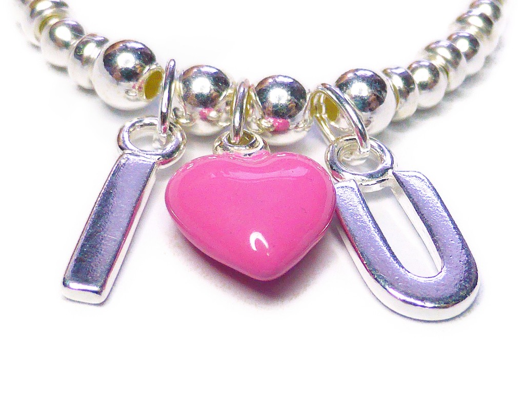 Sterling Silver Bracelet with I Heart U Pink Charms Close-up (3)