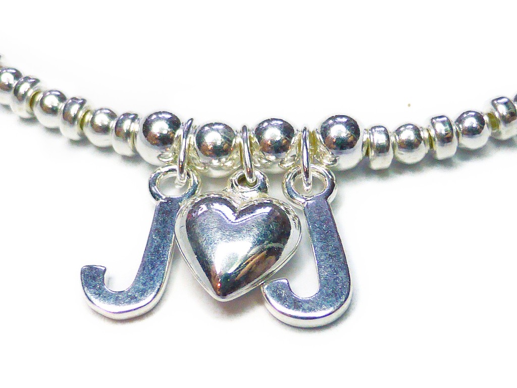 Sterling Silver Bracelet with J Heart J Charm Close-up